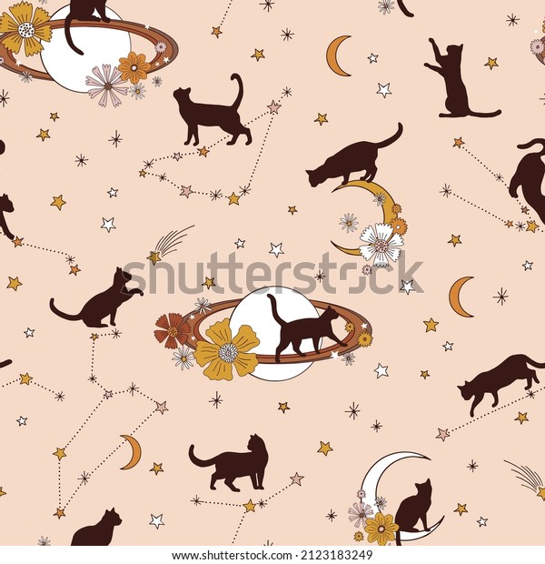 Moony black cat
Constellation Floral moon Boho Halloween vector seamless pattern.
Black pussycat silhouette among stars light background. Esoteric
galaxy night sky surface
design.