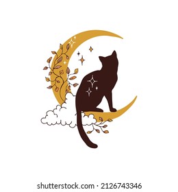 Moony black cat silhouette on crescent moon with ivy plant in night sky vector illustration isolated on white. Mystical fantasy feline animal print for Halloween postcard.