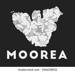 Moorea - mapa de la red de comunicación de la isla. Diseño geométrico moderno de Moorea sobre fondo oscuro. Tecnología, internet, red, concepto de telecomunicaciones. Ilustración vectorial.