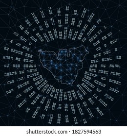 Moorea digital map. Binary rays radiating around glowing island. Internet connections and data exchange design. Vector illustration.
