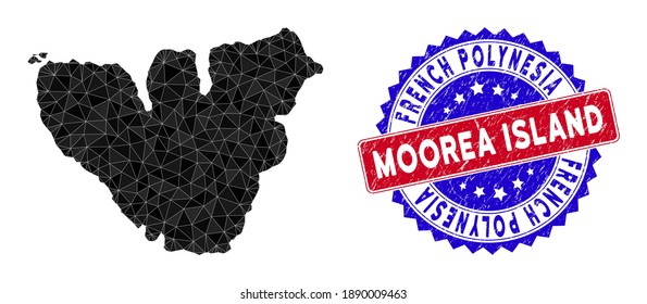 Moorea Island map polygonal mesh with filled triangles, and rough bicolor watermark. Triangle mosaic Moorea Island map with mesh vector model, triangles have different sizes, and positions,