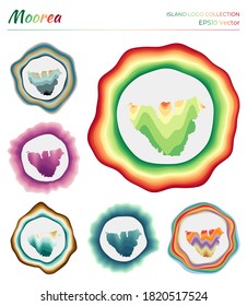 Moorea logo collection. Colorful logo of the island. Unique layered dynamic frames around Moorea border shape. Vector illustration.