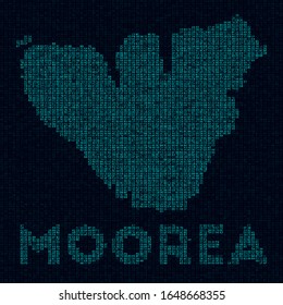 Mapa tecnológico de Moorea. Símbolo insular de estilo digital. Cibermapa de Moorea con el nombre de la isla. Ilustración vectorial de moda.