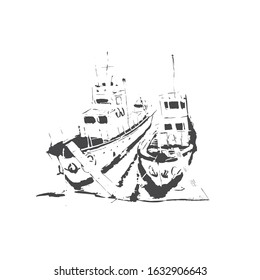 Moored boats vector. Ships on the shore. Retro water transport