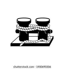 Mooring bitts with a rope. Black on white. Vector, isolated.