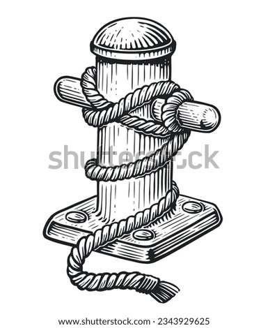 Mooring bollard with ship rope. Marine concept. Sketch vintage vector illustration