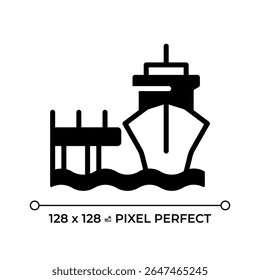 Mooring dock pixel perfect glyph solid icon. Anchoring vessel in port. Maritime transport industry. Ship equipment. Black silhouette symbol on negative space. Vector isolated illustration