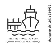 Mooring dock pixel perfect line icon. Anchoring vessel in port. Maritime transport industry. Ship equipment. Isolated vector illustration. Outline symbol. Simple linear drawing. Editable stroke