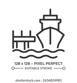 Mooring dock pixel perfect line icon. Anchoring vessel in port. Maritime transport industry. Ship equipment. Isolated vector illustration. Outline symbol. Simple linear drawing. Editable stroke