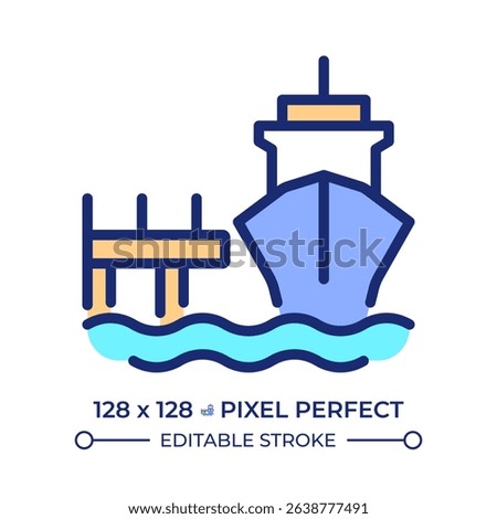 Mooring dock pixel perfect line color icon. Anchoring vessel in port. Maritime transport industry. Ship equipment. Isolated vector illustration. Flat colorful symbol design. Editable stroke