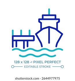 Mooring dock pixel perfect two color line icon. Anchoring vessel in port. Maritime transport. Ship equipment bicolor outline symbol. Duotone linear pictogram. Isolated illustration. Editable stroke