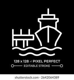 Mooring dock pixel perfect white line icon in negative space. Anchoring vessel in port. Maritime transport industry. Ship equipment. Monochrome linear symbol on black background. Editable stroke