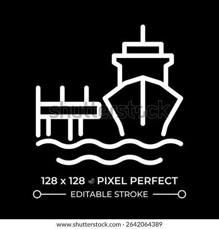 Mooring dock pixel perfect white line icon in negative space. Anchoring vessel in port. Maritime transport industry. Ship equipment. Monochrome linear symbol on black background. Editable stroke