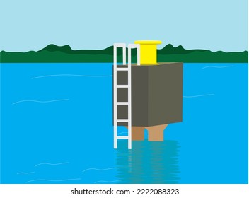 Mooring post vector. Part of the port system. Mooring post with access ladder and bolder to berth ship in jetty. 