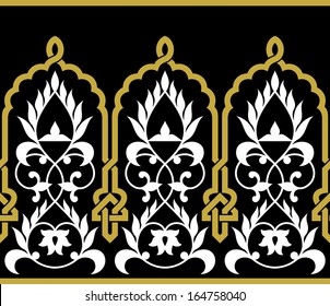 Moorish Fez Seamless Border.  Ocher on black. Traditional Morocco Arabic Islamic background.