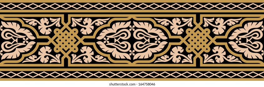 Moorish Fez Seamless Border.  Ocher on black. Traditional Morocco Arabic Islamic background.