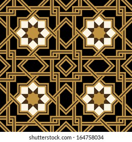 Moorish Fez Seamless Pattern.  Ocher, white on black. Traditional arabic Islamic background.