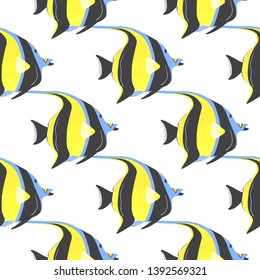 Moorish idol fish seamless pattern. Zanclus cornutus. Vector backdrop on white background