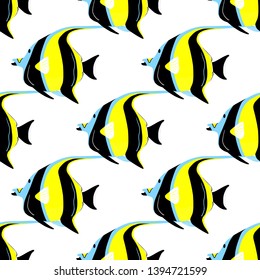 Moorish idol fish seamless pattern. Zanclus cornutus. Vector backdrop on white background