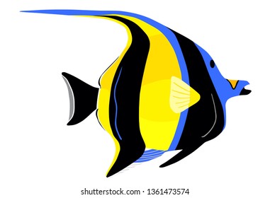 Moorish idol fish. Zanclus cornutus. Vector illustration on white background