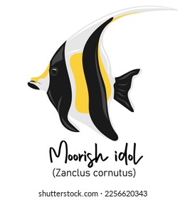 Moorish idol or Zanclus cornutus. Marine dweller with colorful body and fins for swimming. Concept of sea and ocean life. Vector illustration