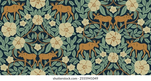 Moose Animal and Floral Medieval Seamless Pattern