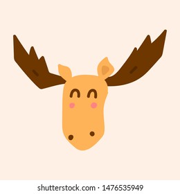 Moose, animal head. Hand drawn vector illustration design. Best for nursery, childish textile, apparel, poster, postcard.