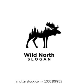 moose animal wild north life.animal with north wild pine tree silhouette logo icon designs vector illustration template. for hunting and wild adventure logo product and trip.