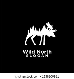 moose animal wild north life.animal with north wild pine tree silhouette logo icon designs vector illustration template. for hunting and wild adventure logo product and trip.