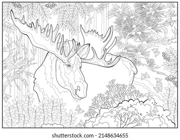 Moose mit Anthropfen im Sommerwald. Farbbuch für Kinder und Erwachsene. Bild im Zen-Dreieck-Stil. Druckseite für Zeichnung und Meditation. Schwarz-Weiß-Vektorgrafik.