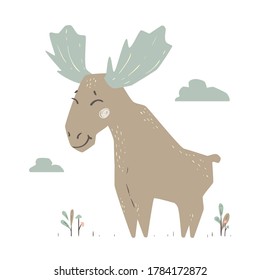 Moose baby cute print. Forest fiends. Elk. Sweet cool animal illustration for nursery, t-shirt, kids apparel, birthday card, invitation. Good for pajamas and playroom decor