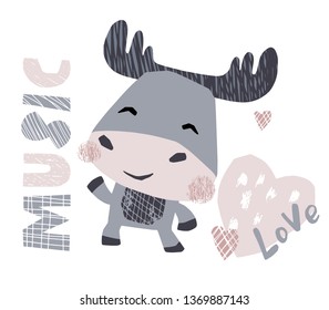 Moose baby dance cute print. Sweet animal listen to music. Disco retro party. Cool illustration for nursery poster, t-shirt, kids apparel, party and baby shower invitation. Simple child design