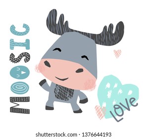 Moose baby dance cute print. Sweet animal listen to music. Disco retro party. Cool illustration for nursery poster, t-shirt, kids apparel, party and baby shower invitation. Simple child design