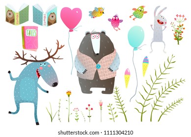 Moose and Bear Books Flowers Items Clip Art. Funny forest animals friends with objects isolated set. Vector illustration.