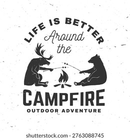 Moose and bear roasting marshmallow at campfire outdoor camping scene vector illustration with wildlife animals in forest adventure design for t shirt poster and sticker isolated on white background