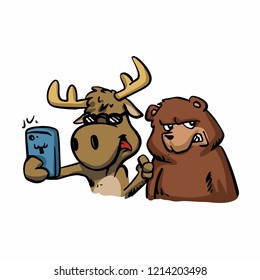 Moose and bear  taking selfie cute cartoon vector illustration 