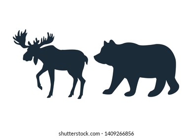 Moose and bear wild animals black silhouettes isolated vector illustration graphic design