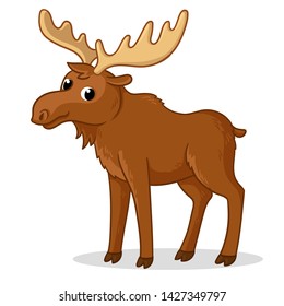 Сute moose with big horns is standing on a white background. Vector illustration with cute wild animal.