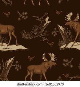 
Moose, bird, old pine and various herbs. Vector vintage seamless pattern.  Forest animal in its habitat.