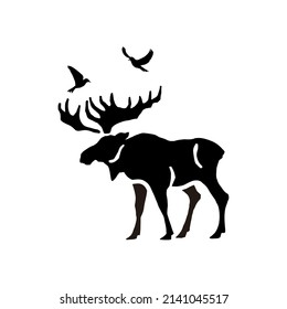 Moose with birds, black silhouette vector symbol design