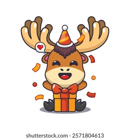 moose in birthday party with gift box cartoon vector illustration. Vector cartoon Illustration suitable for poster, brochure, web, mascot, sticker, logo and icon.