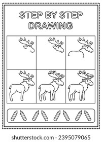 Moose. Book page, drawing step by step. Black and white vector coloring page.