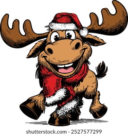 Moose breed in red hat of Santa Claus, Funny Christmas Animal, Animal Christmas Winter Holiday , Cute Christmas Animal