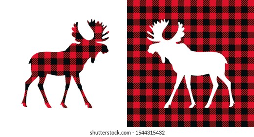 

Moose buffalo plaid  set. Vector illustration woodland  animal . Lumberjack  clipart. 