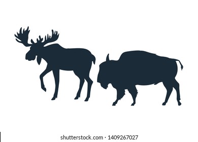 Moose and bufffalo wild animals black silhouette isolated vector illustration graphic design