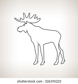 Moose Bull with Antlers Isolated on a Light Background, the Image of Elk, Deer Family,  Line Style, Vector Illustration