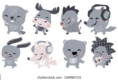 Moose, bunny, bear, fox, hedgehog, wolf, boar, beaver musik band cute set. Animals dance, plays guitar, lisen headphones. Rosk or retro dicko musik party. Illustration for nursery poster, kids t-shirt