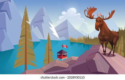 Moose And Canadian National Park Landmark Scene