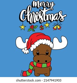 MOOSE WITH CHRISTMAS HAT AND SCARF MERRY CHRISTMAS