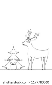 Moose and Christmas tree with gift. Drawing by a continuous line